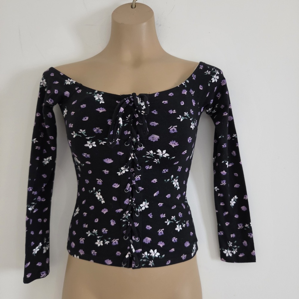 AEROPOSTALE Black Off the Shoulder Long Sleeve Top Blouse Purple Floral XS